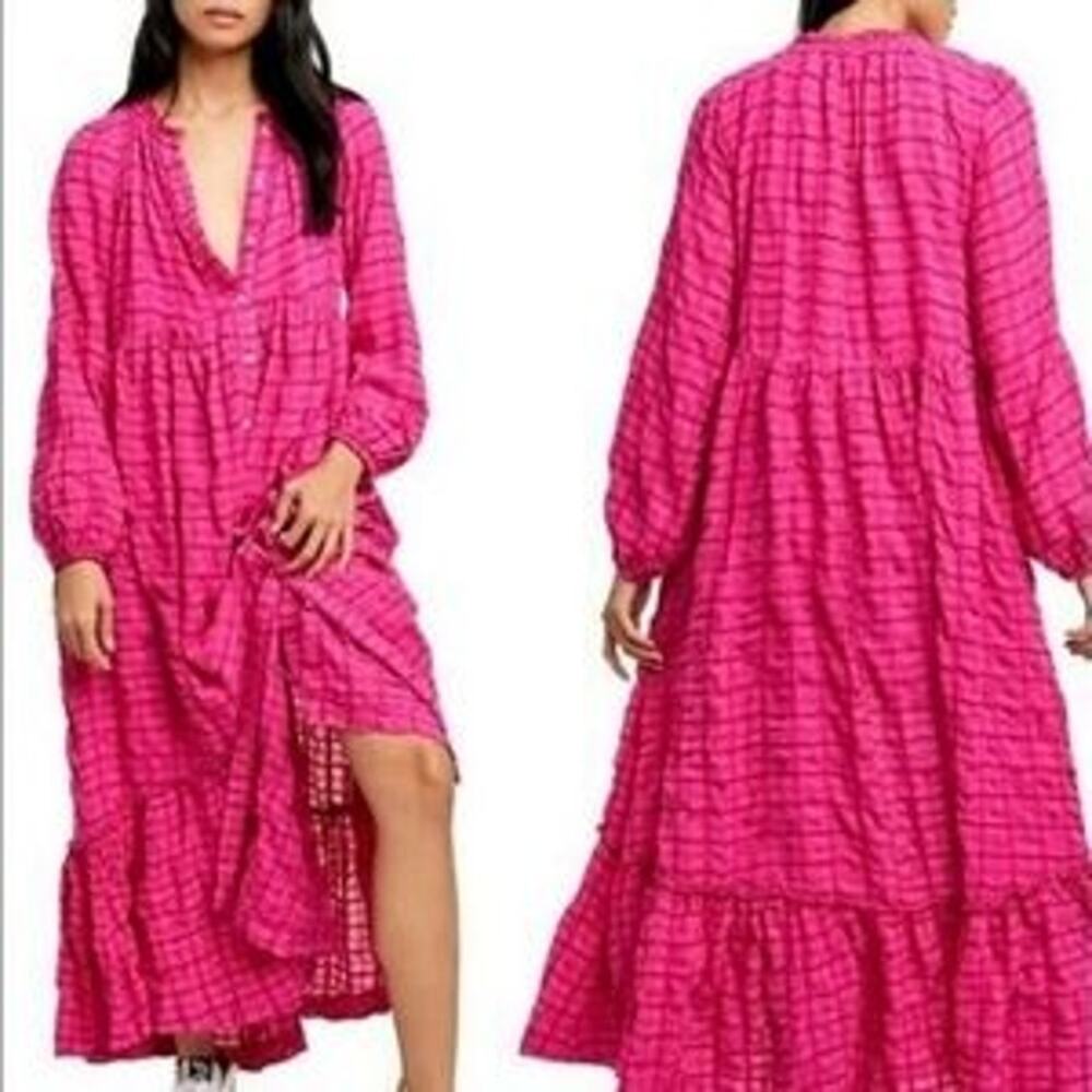 Free People Maxi Dress Womens Small Edie Hot Pink Shirtdress Ruffle Boho Whimsy - Picture 4 of 12